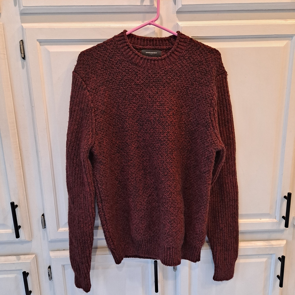 Banana Republic Men's Marbled Burgundy Black Wool Blend Crewneck Sweater